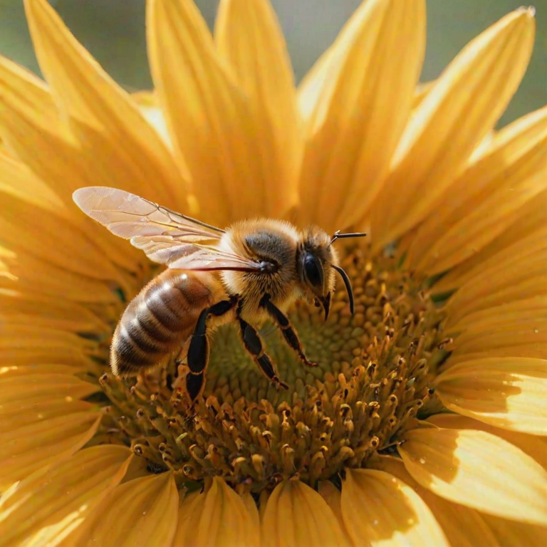 Sharp, high-resolution close-up of a bee landing on a sunflower, soft light reflecting off the petals, tiny details of the bee's wings and pollen visible, the smell of fresh flowers lingering in the air, a sense of summer vibrancy captured.