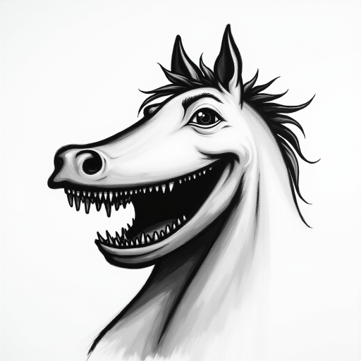 Abstract black and white acrylic portrait of an over exaggerated laughing (horse). Minimalism style. White background.
