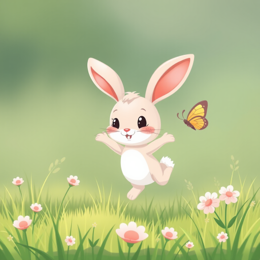 Create a cute cartoon rabbit jumping in a grassy field with a butterfly nearby, soft pastel colors, high-resolution digital illustration, DSLR camera settings: f/2.8, ISO 100, 1/250s, portrait orientation, natural lighting, illustration style.