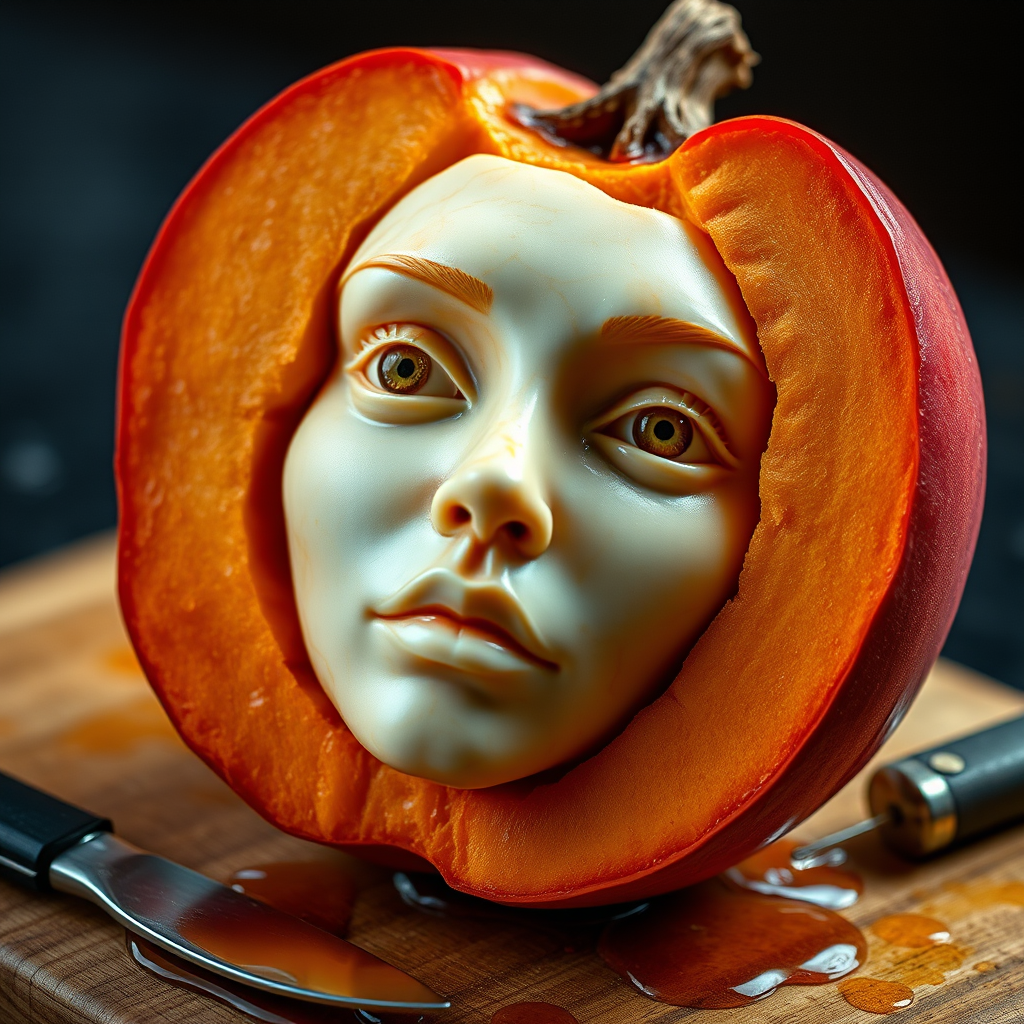 A hyperdetailed photorealistic macro color saturated high resolution image of a pumpkin cut in half, with the peach pit being a highly detailed sculpted woman's face with her eyes open and peach-colored irises. The face has a marble texture. The image includes condensation, moisture, and peach juice. The peach is on a wooden cutting board with a small fruit knife nearby, also covered with juice.