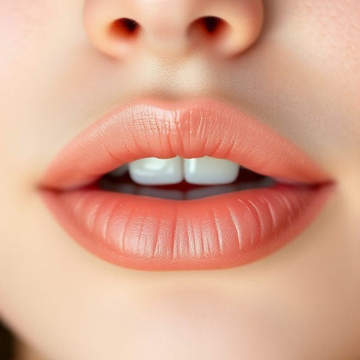 Soft peach lips with a frosted finish, reminiscent of delicate flower petals, exuding innocence and femininity