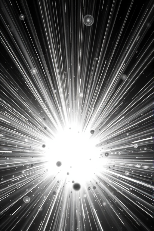 Create a high-resolution image of a cosmic explosion with radiant light rays extending outward in monochrome, using a DSLR camera with a 24mm lens, aperture f/2.8, ISO 400, and a shutter speed of 1/125 sec, capturing a dynamic depth of field from a low angle.