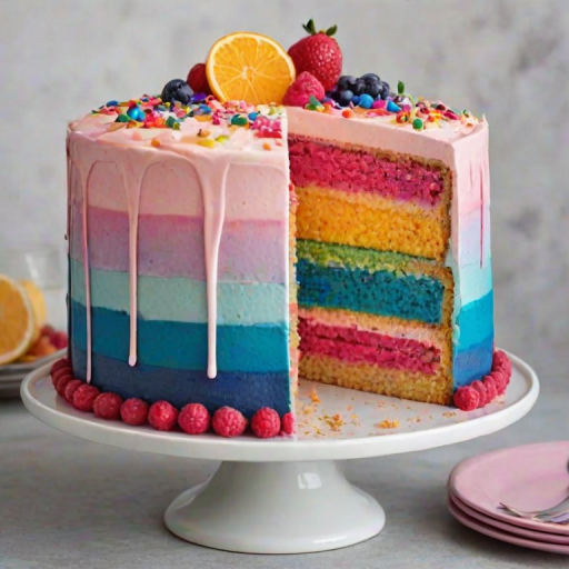 Create a colorful layered cake with various shades of pink, blue, and rainbow colors. The layers should be thin and visibly separated, showcasing a beautiful gradient effect. The top layer should be smooth and glossy, and a slice of the cake should be cut out to reveal the vibrant layers inside. The setting should be bright and cheerful, with a light background and a refreshing drink nearby.