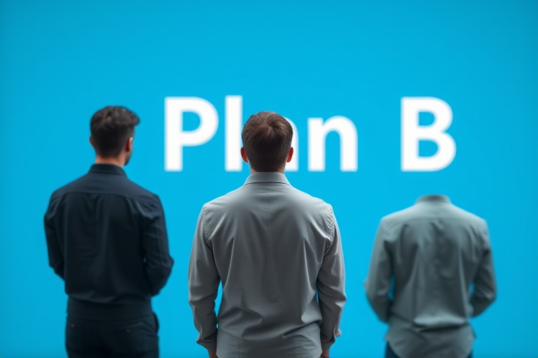 Create an image of two men standing with their backs to the viewer looking at a large text that reads "Plan B," set against a solid blue background, using a Canon EOS 5D Mark IV, f/2.8 aperture, ISO 100, 35mm focal length, with a shallow depth of field and soft focus to enhance the background.