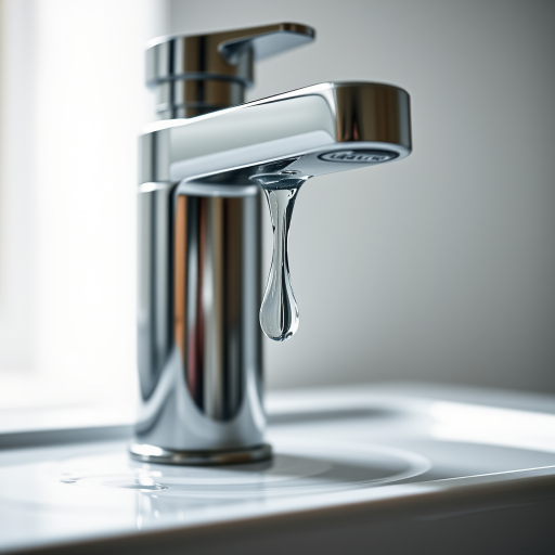 Create a high-resolution image of a modern faucet with a water droplet, using a 50mm lens, f/2.8 aperture, ISO 100, shot in macro view with natural lighting in a studio setting.