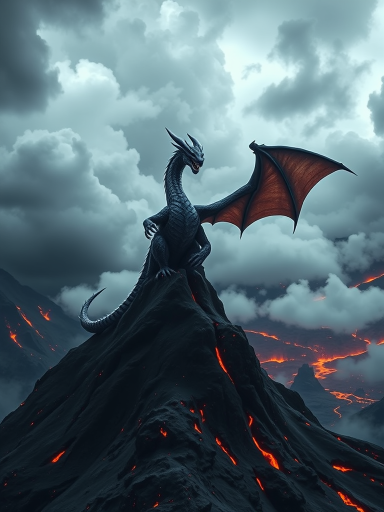 High-resolution fantasy image of a fierce dragon perched on a volcanic mountain, with dramatic clouds and fiery lava in the background, shot with a DSLR camera using a 50mm lens at f/1.8, ISO 200, and a shutter speed of 1/250 seconds, using an overcast lighting style to enhance detail and contrast.