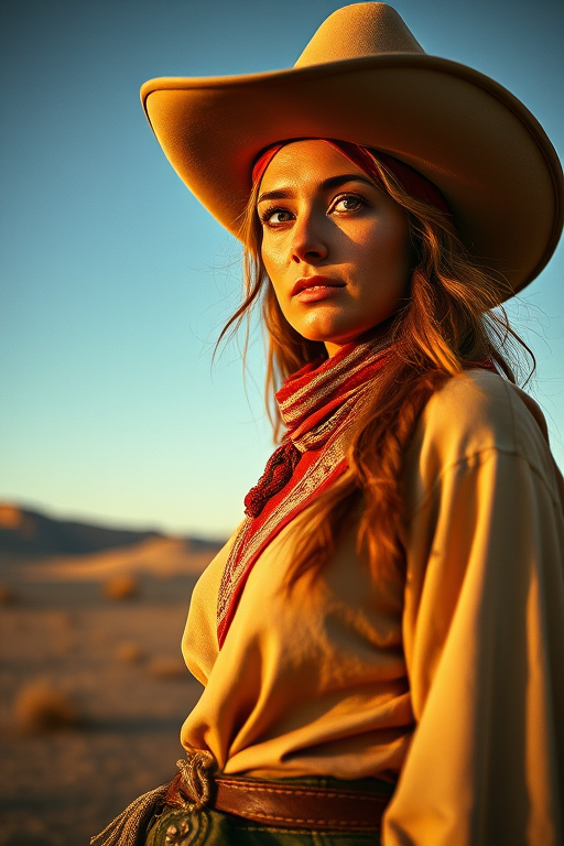 Dramatic photo of a beautiful Sami woman, classic cowboy attire, confident and free spirit expression, half-length portrait, centered, golden hour desert landscape, warm, diffused light, low angle, medium format film camera, in style of Annie Leibovitz.