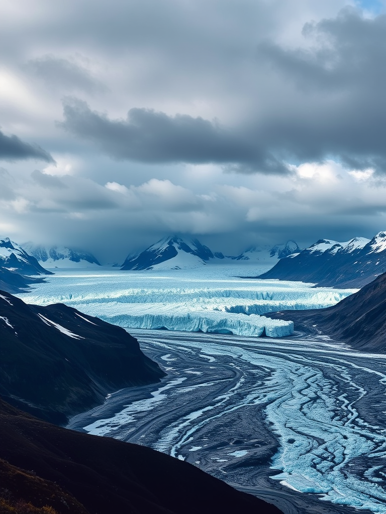 Capture a dramatic landscape of icy glaciers and snow-capped mountains under a moody sky, using a DSLR camera with a 24mm lens, aperture set to f/8, ISO 200, and a shutter speed of 1/125 sec.