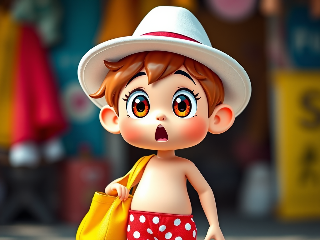 Create a colorful cartoon character with a surprised expression, wearing a white hat and red polka dot shorts, holding a yellow bag, shot in vibrant colors with a soft-focus background using a DSLR camera with a 50mm lens, f/1.8 aperture, ISO 100, in daylight.
