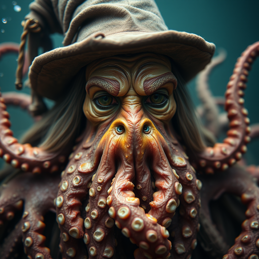 Create a highly detailed portrait of a mystical sea creature resembling an ancient wizard with octopus tentacles for a beard, wearing a tattered hat, in a murky underwater setting, captured with a full-frame DSLR at 50mm f/1.8, ISO 100, 1/200s, with a shallow depth of field to enhance focus on facial features and tentacles, using a macro lens to highlight textures and details.