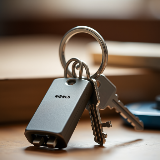 Create a high-resolution image of an oversized keyring with two keys attached, using a macro lens, 50mm f/2.8 aperture, natural soft lighting, and a shallow depth of field to enhance details and textures.