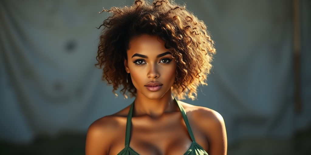 Create a portrait of an attractive woman with a large curly hairstyle, wearing military-style swimwear, shot with a Canon EOS R5 at f/1.8, ISO 100, 85mm lens, with a soft focus background and dramatic lighting.