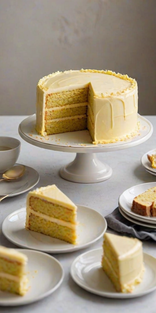 Create an image of a round layered cake with a smooth yellow frosting. The cake should have a slice cut out, revealing the interior layers. The setting should be simple, with a few plates in the background. The overall appearance should be inviting and delicious.