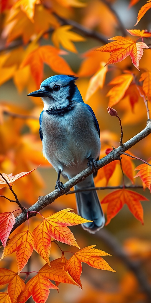 Create a vivid depiction of a blue jay perched on a birch branch surrounded by vibrant autumn leaves, shot with a Nikon D850, ISO 200, f/4 aperture, 50mm lens, at a diagonal angle for a more dynamic composition, in high-resolution detail.