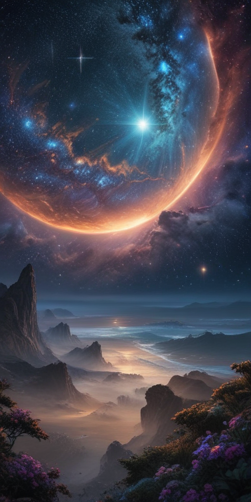 Majestic Cosmic Landscape Under a Vibrant Celestial Sky at Dusk