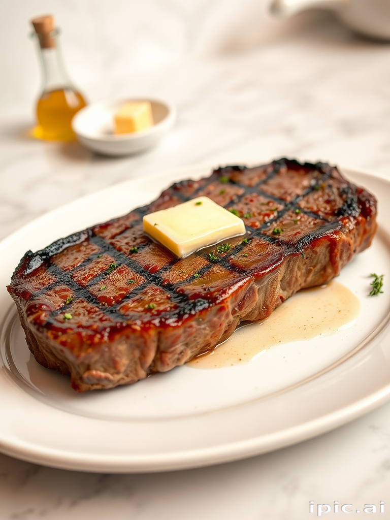 Create an image of a perfectly seared ribeye steak, resting on a white plate with a pat of melting butter on top. The steak is seasoned with fresh herbs like thyme and parsley, with glistening juices highlighting the texture of the meat. The background features a soft focus on a light, marble countertop, with a small dish of butter and an olive oil bottle in the distance. The overall mood should be warm and inviting, capturing the deliciousness and juiciness of the steak.