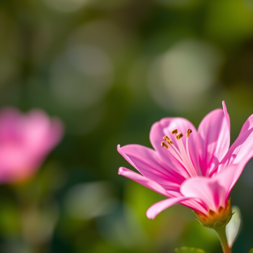 macro shot of a pink flower with soft background bokeh, f/2.8, 50mm lens, ISO 100, shutter speed 1/200s, taken with a DSLR camera in natural lighting