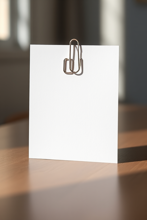 Create a high-resolution image of a blank white card with a paperclip attached, using a Canon EOS R camera, 50mm lens, aperture f/2.8, ISO 100, soft natural lighting from the left, shallow depth of field, angled view for added dimension.