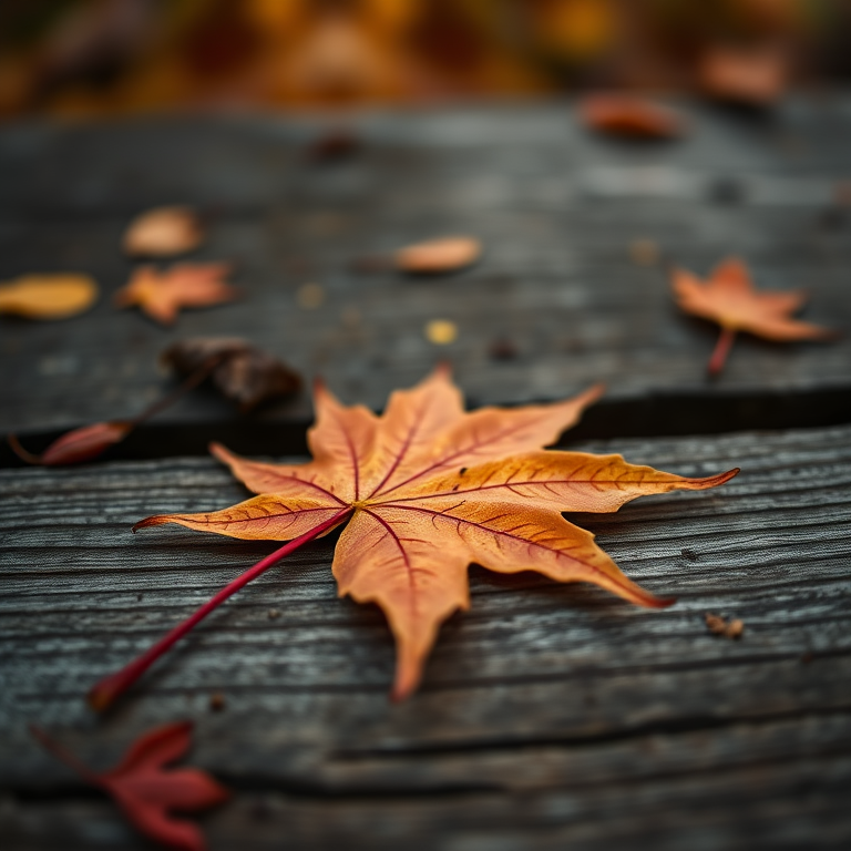 autumn maple leaf on weathered wooden surface shallow depth of field soft natural lighting f/2.8 1/100s ISO 100 50mm lens DSLR macro photography 35mm view