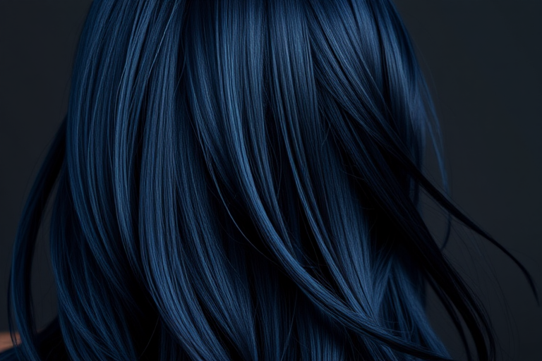 Dramatic Midnight Sapphire mane boasting long, sleek strands in a deep blue-black hue with subtle navy highlights, styled with a wet-look finish