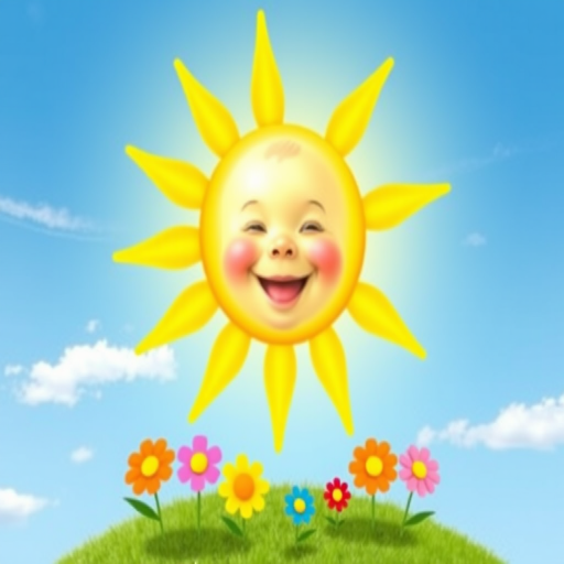 Create an image shows a bright, sun with a smiling baby's face in the center, radiating soft yellow rays. The sun is set against a clear blue sky with a few wispy clouds. Below, there's a lush green grassy hill with colorful, oversized flowers, giving the scene a whimsical, playful atmosphere.