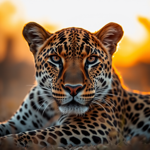 A close-up portrait of a majestic leopard resting in a golden sunset, with soft bokeh in the background, taken with a Canon EOS R5 using a 85mm f/1.2 lens at ISO 100, aperture f/1.2, shutter speed 1/500s, capturing fine details and vibrant colors.