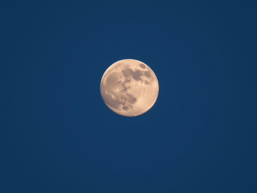 Capture a detailed full moon in a clear night sky with a DSLR camera, 50mm lens, f/8 aperture, ISO 100, exposure time of 1/125s, focus on the moon's surface texture, utilizing a low angle view for depth.