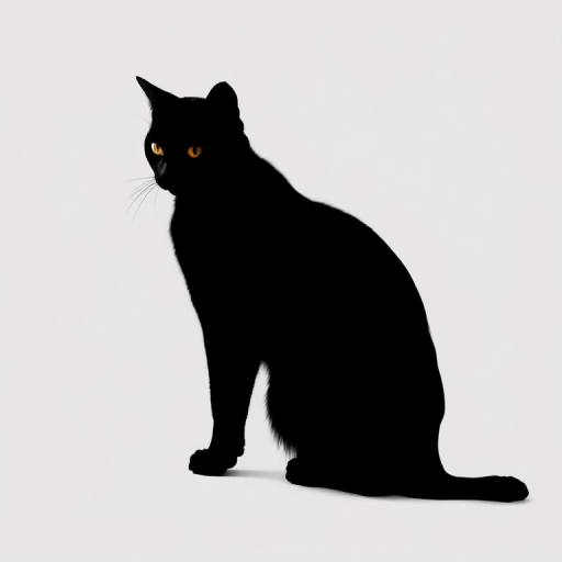 Create a detailed black silhouette of a cat with a sleek design against a plain background, shot with a Canon EOS R5 at f/2.8, ISO 100, 1/200s, in a portrait orientation to enhance the contours and elegance of the cat's form.