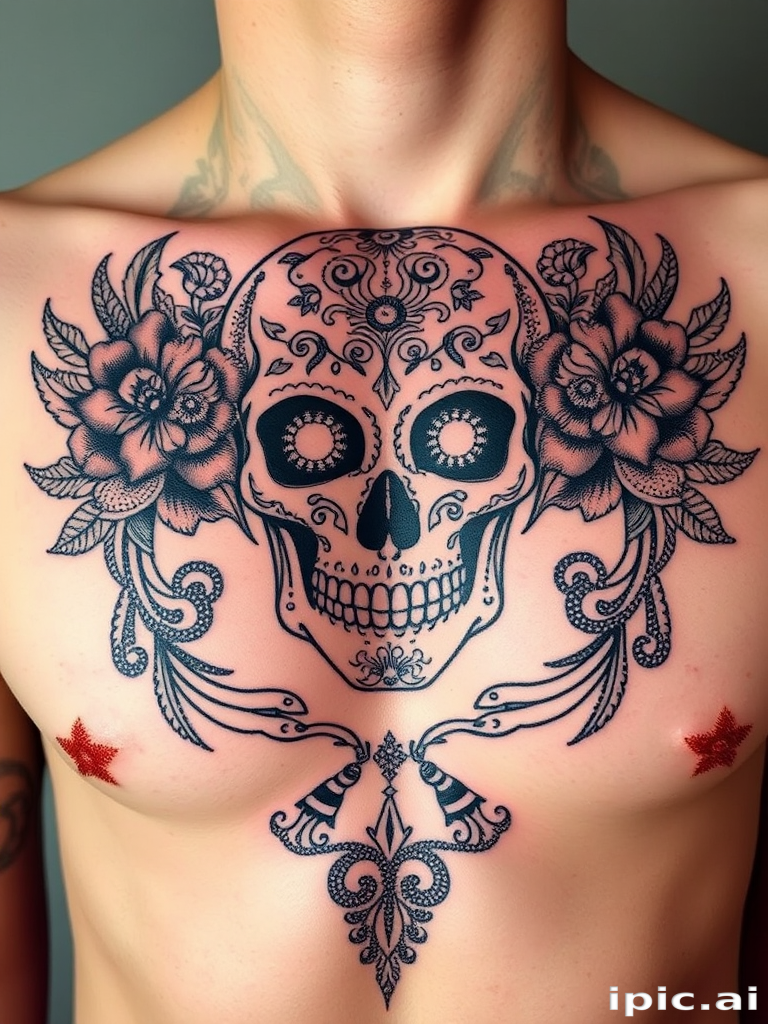 Dotwork tattoo of a detailed skull adorned with intricate floral patterns on the chest, using thousands of tiny dots to create shading and depth