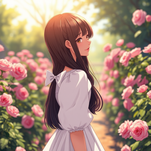 Generate a vibrant and detailed illustration of a girl with long dark hair wearing a white dress with puffy sleeves and a bow on her back, standing in a sunlit garden filled with blooming roses, soft bokeh effect, using a Canon EOS R5 camera, f/1.8 aperture, 50mm lens, shooting from eye level, employing a cinematic style for enhanced depth and clarity.