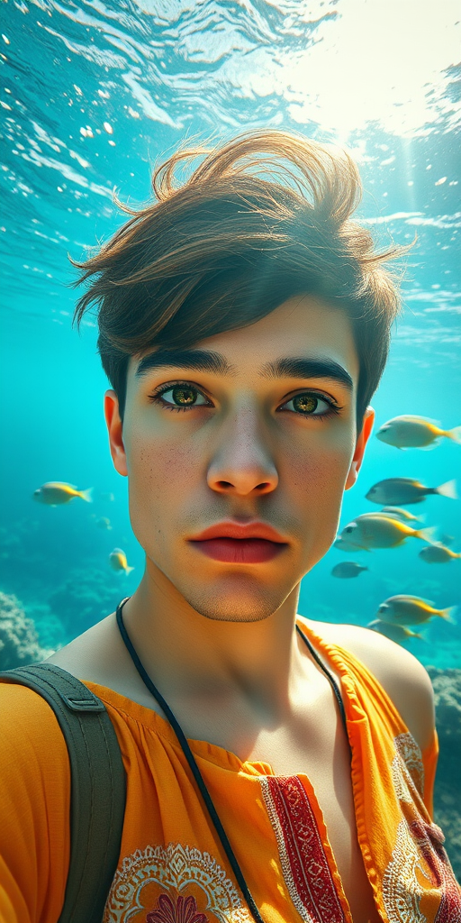Realistic selfie image of a Middle Eastern, wearing a vintage outfit, detailed dreamy eyes, droopy hooded eyes, staring at the camera, taken underwater at coral reef with a sunbeam filtering through the water, vibrant, summer vacation, natural lighting, turtle and school of tropical fish with vibrant colors, rendered in the style of CryEngine, Pegi Nicol MacLeod, with realistic genre scenes, hauntingly beautiful narratives, ultra-realism, and Thomas Saliot's close-up technique, 8K resolution, crystal clear and sparkling water.