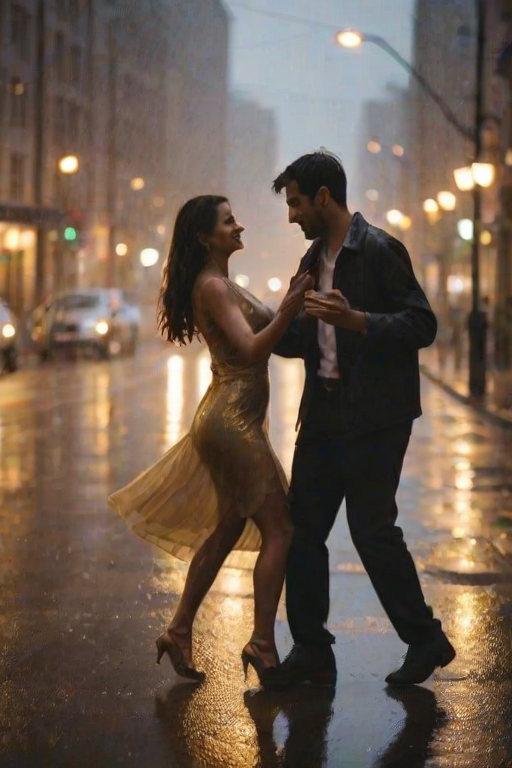 Blurry candid shot of a couple dancing in the street under a light rain, soft golden light from nearby streetlamps casting long shadows, with distant cars and city buildings barely visible through the mist.