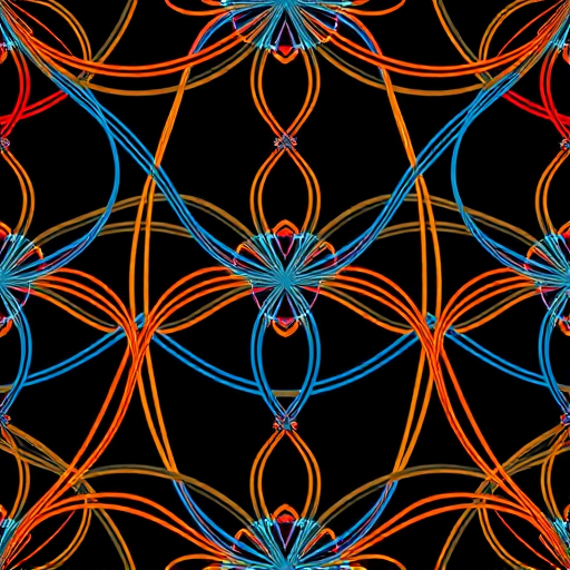 create a high-resolution seamless pattern featuring intricate interweaving lines in orange, gold, and blue against a black background, using a macro lens, f/8 aperture, 1/125s shutter speed, ISO 100, captured with a DSLR camera to enhance detail and clarity