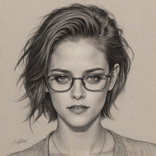 Gorgeous Kristen Stewart, pencil sketch, portrait of Graceful woman 1961s in glasses, hair style beatnik, outline, clear lines, fine lines, 8k