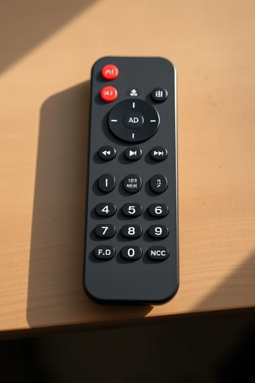 Create a high-resolution image of a remote control with a sleek design, captured in a top-down view at 50mm focal length, aperture set to f/2.8 for shallow depth of field, using a DSLR camera with natural lighting to enhance colors and details.