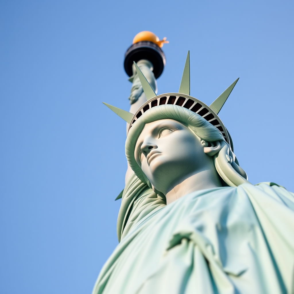 Regenerate a high-resolution image of the Statue of Liberty with a close-up perspective, using a Canon EOS 5D Mark IV with a 50mm lens, aperture set to f/2.8, shutter speed of 1/200 sec, ISO 100, natural sunlight for lighting, and a clear blue sky background.