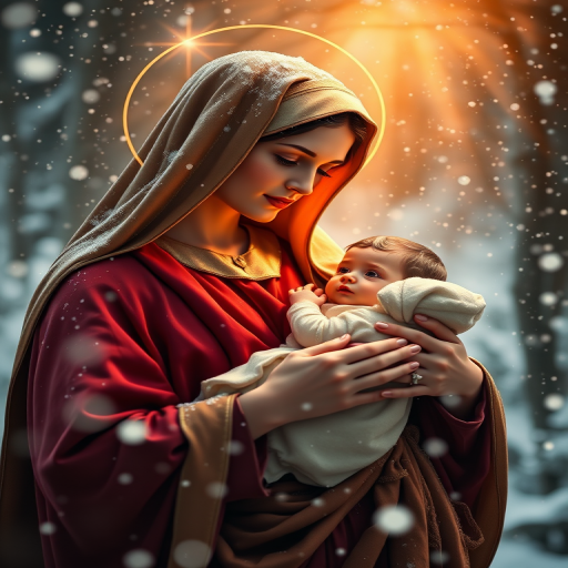 Create a serene and warm image of the Virgin Mary holding the Baby Jesus, surrounded by gentle snowfall and soft glowing light, using a Canon EOS R5, 85mm f/1.2 lens, aperture set to f/2.8, ISO 100, natural soft lighting, and a soft-focus background to enhance the emotional quality and detail.