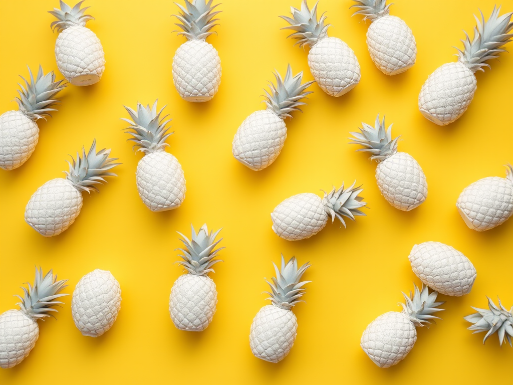 Create a pattern of small white pineapples on a soft yellow background with a DSLR camera, f/4 aperture, 50mm lens, ISO 100, and overhead flat lay view to enhance image quality.