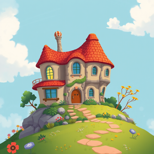 Create a whimsical illustration of a fantasy house with a unique cliff-like structure featuring rounded windows and a textured roof, captured with a Canon EOS R5 at f/8, ISO 100, 1/250s, using a vibrant color palette and a wide-angle lens.