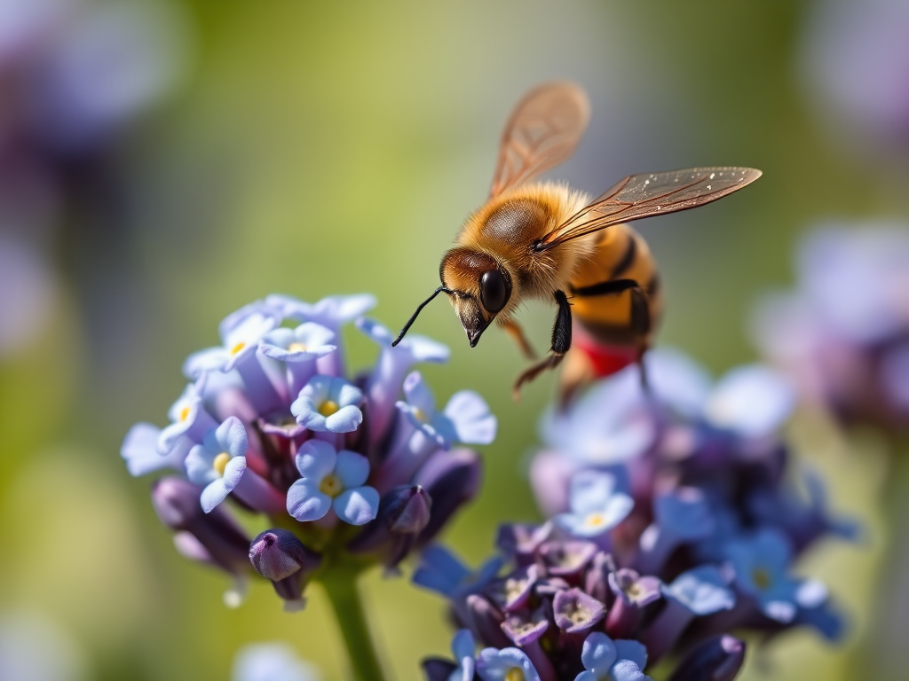 macro shot of a bee hovering near blue flowers with a shallow depth of field, ISO 100, f/2.8, 1/500s, 100mm macro lens, vibrant colors, soft bokeh background, natural lighting