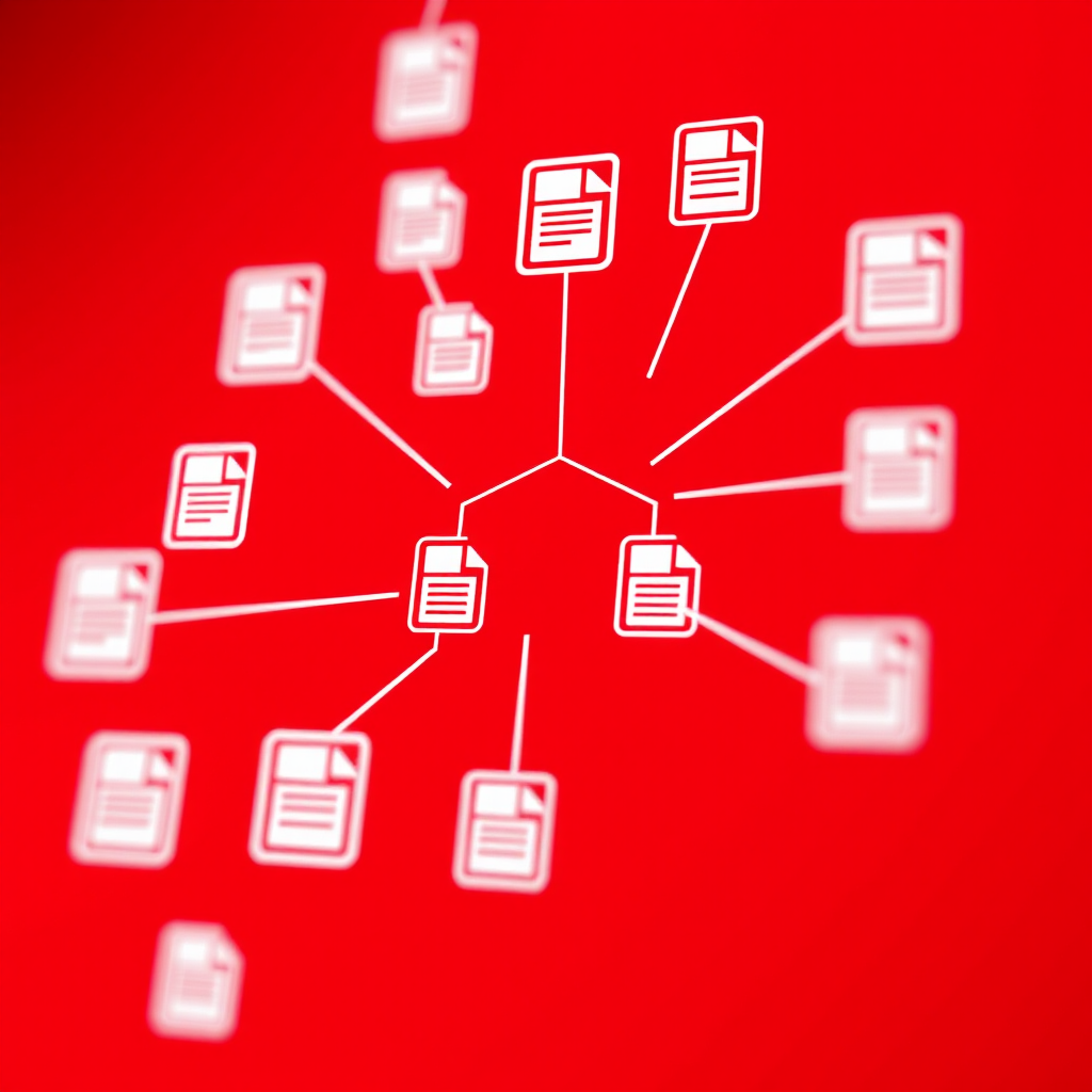 Generate an illustration of a digital interface displaying interconnected document icons on a vibrant red background, using a Canon EOS R5 with a 24-70mm f/2.8 lens, at f/8, ISO 100, and a shallow depth of field for clarity.