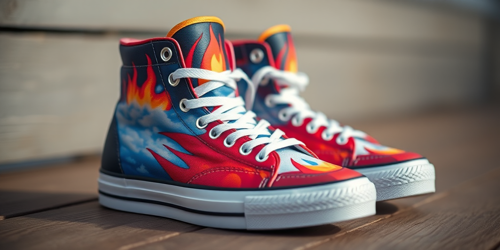High-top sneakers with vibrant flame and sky graphics, photographed with a Canon EOS R5, 50mm lens, f/1.8, ISO 100, natural lighting, shallow depth of field, angled view to emphasize details on wooden surface.