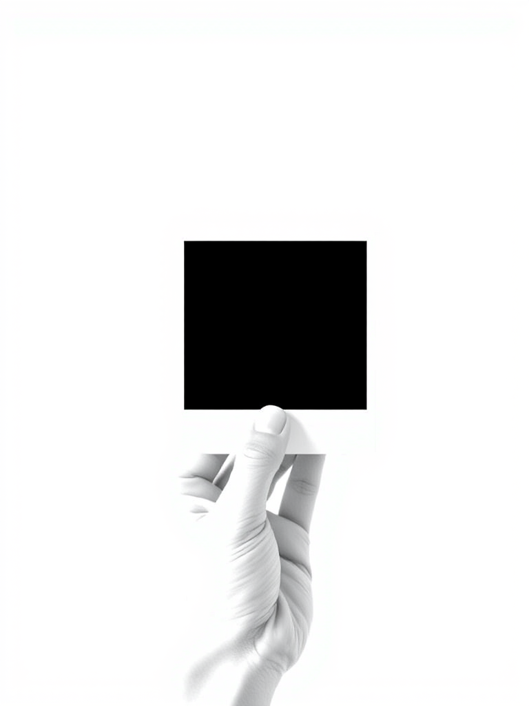 Create a clean, minimalist black and white illustration of a hand holding a blank Polaroid photo, using a high-resolution digital camera, 50mm lens, f/2.8 aperture, ISO 100, with natural soft lighting for optimal clarity and detail.