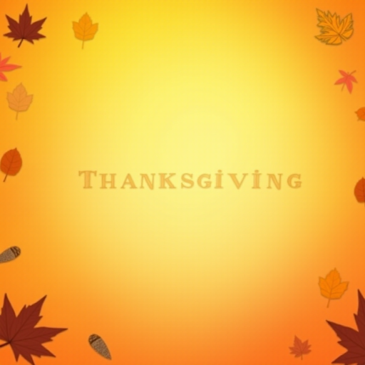 Create a warm and festive autumn-themed image with a gradient background of orange and yellow hues. Include a variety of falling leaves in shades of red, orange, and brown. In the center, display the text "Happy Thanksgiving" in a stylish and inviting font, using a dark brown color for contrast. Add subtle decorative elements like pine cones and additional leaves for a cozy, seasonal feel.