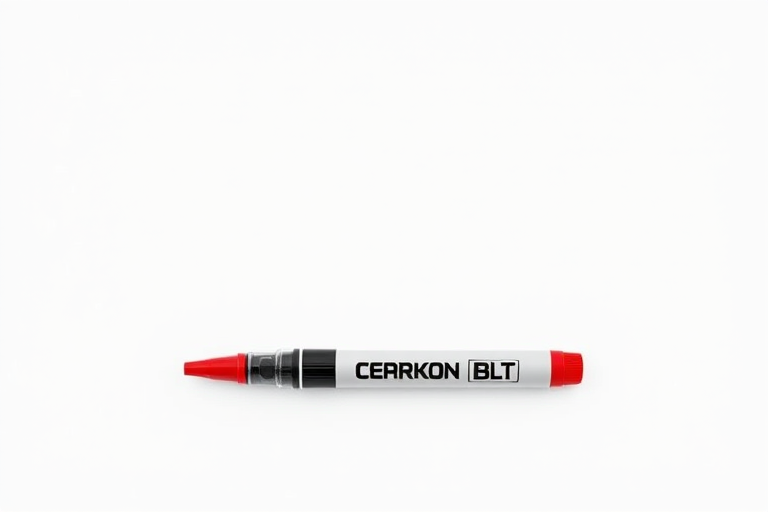 Create a high-resolution image of a red marker positioned at a slight angle on a white background, using a DSLR camera with a 50mm lens, f/2.8 aperture, ISO 100, and natural lighting to enhance the colors and details of the marker.