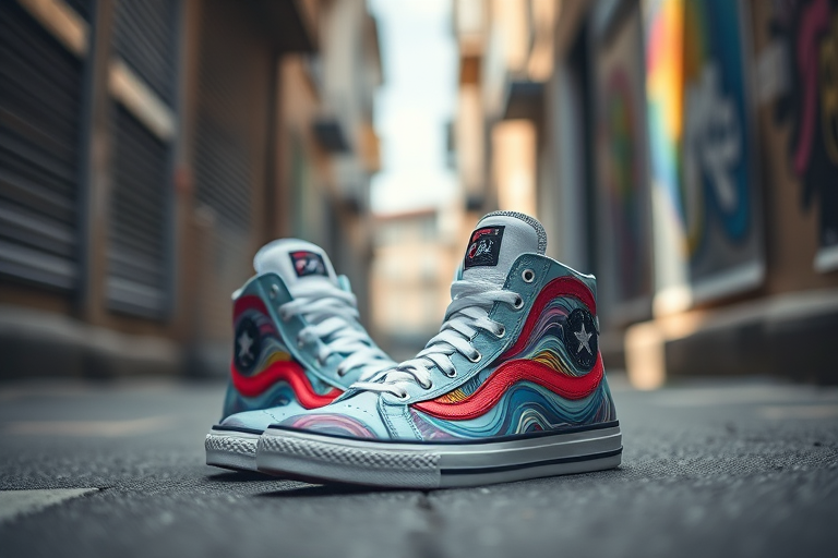 capture a pair of uniquely designed high-top sneakers featuring vibrant wave patterns in an urban alley setting with natural lighting, ISO 200, f/2.8, 1/250 sec, 24mm lens, DSLR, shallow depth of field to emphasize the shoes and blur the background