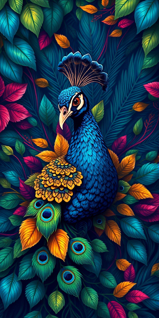 Create a vibrant, detailed illustration of a peacock surrounded by swirling colorful feathers and foliage, using a 50mm lens, f/2.8 aperture, ISO 100, shot from eye level with a soft focus background for enhanced depth.