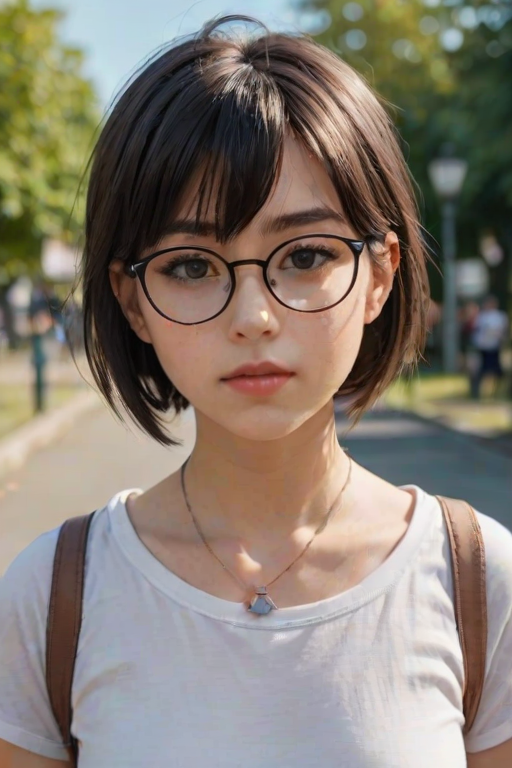 i want the whole image to be created in 3D anime style, 1girl, solo, looking at viewer, short hair, bangs, shirt, black hair, brown eyes, jewelry, closed mouth, collarbone, white shirt, upper body, short sleeves, outdoors, glasses, day, necklace, blurry, lips, depth of field, blurry background, messy hair, round eyewear