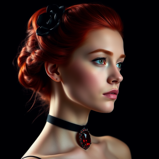 A young woman with bright red hair styled in a voluminous updo adorned with black floral accents, wearing a black choker with a large red gemstone pendant, looks off to the side with a slightly pensive expression, her face softly lit against a dark background.  The image is composed as a portrait, shot from a close-up perspective, with the subject filling most of the frame.  The woman's skin appears fair and flawless, with a subtle glow.  The overall atmosphere is elegant and slightly dramatic.
