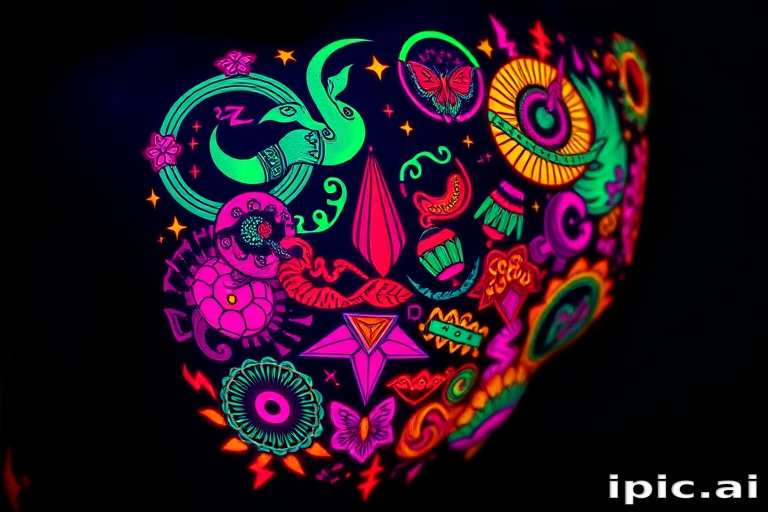 Vibrant neon UV tattoo named "Electric Dreams" featuring fluorescent ink that glows brightly under blacklight, depicting a psychedelic landscape of swirling patterns, geometric shapes, and fantastical creatures that come to life in the dark, perfect for those seeking a hidden dimension to their body art
